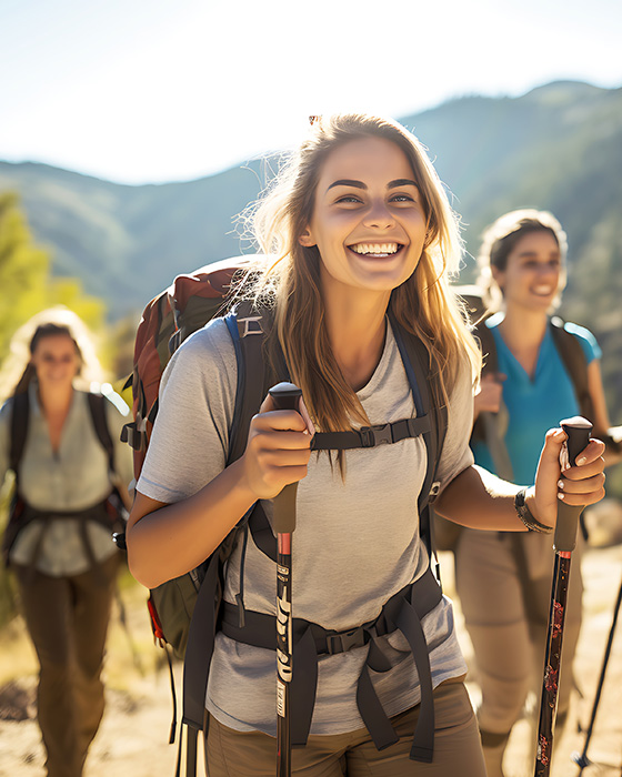happy group of female hikers enjoying a day on the trail with backpacks and trekking poles in a scenic mountainous landscape with sunshine and nature surrounding them 3 outdoor adventure activities